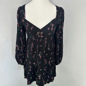 AFRM Women's Black Noir Rose Garden Ruched‎ Long Sleeve Floral Mini Dress XS